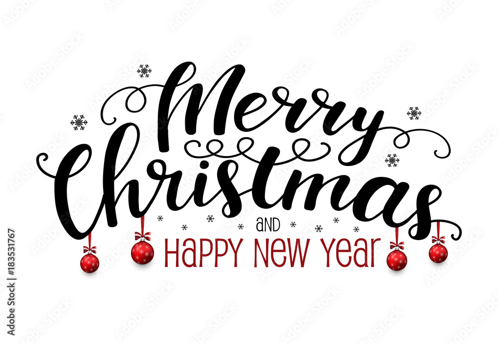Merry Christmas and happy new year. Greeting lettering with balls and snowflakes