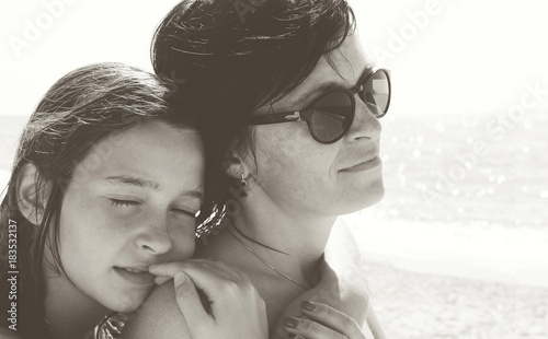 mother and daughter. black and white. photo.