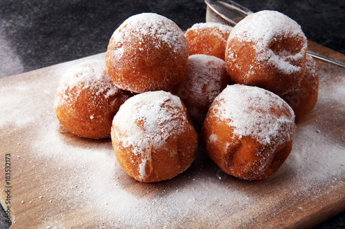 German donuts.  berliner or quarkbällchen with jam and icing sugar.