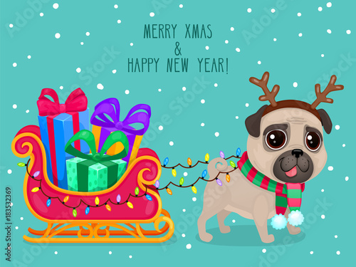 Vector color illustration of christmas dog. Christmas card,cute dog in Santa's hat.Symbol of 2018. © lisannart