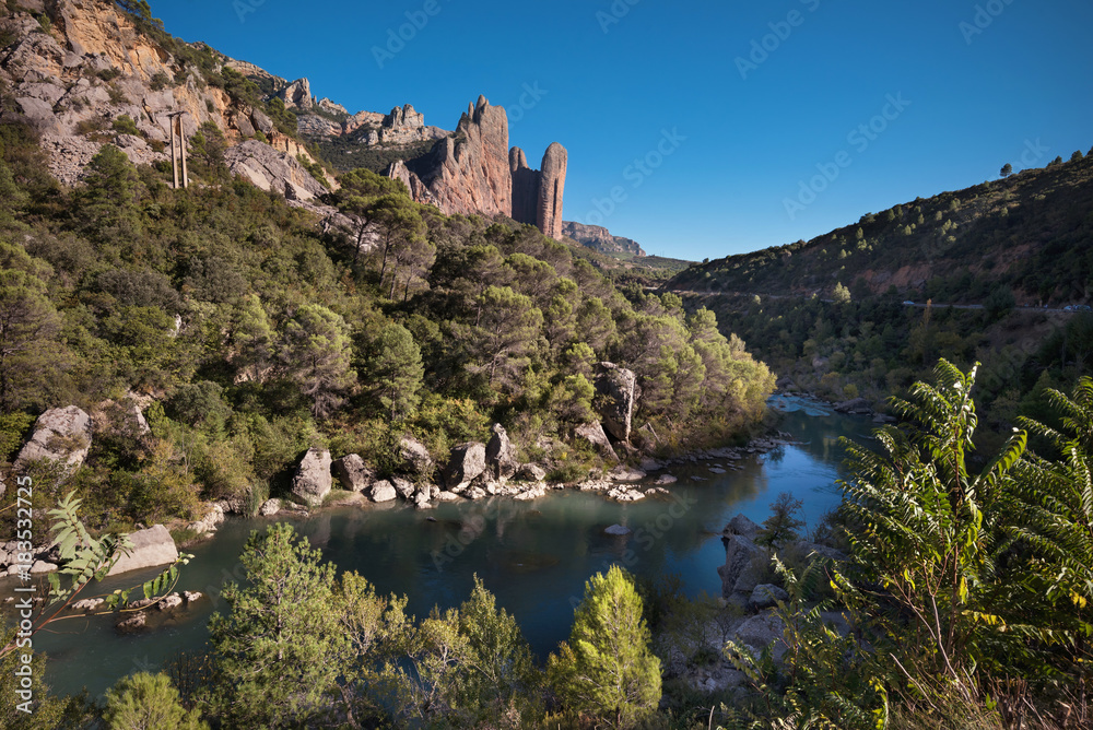 Scenic mountain landscape Mallos de Riglos and river Gallego in Aragon, Spain.