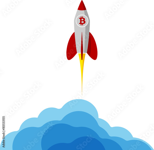 A rocket with bitcoin logo flying into space. Starting or starting an important project. The startup. Procurement for presentation