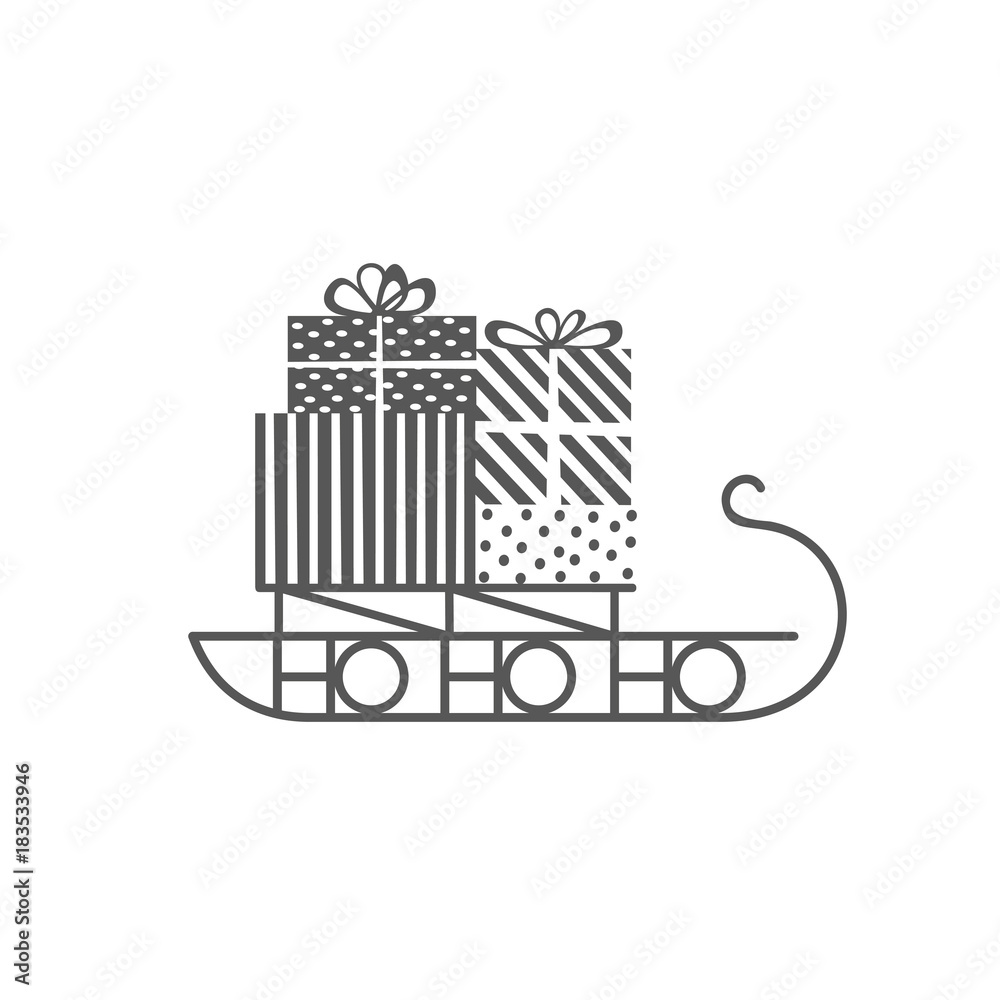 Fototapeta premium Santa Sleigh icon. Christmas snow sledge with gifts present boxes. Flat monochrome simple minimal style. Design element for winter holiday season new year event. Vector illustration