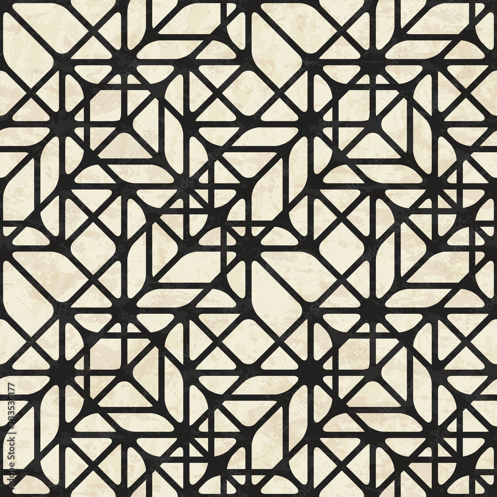 Abstract geometric polygonal grid pattern in black and beige colors, textured seamless vector illustration