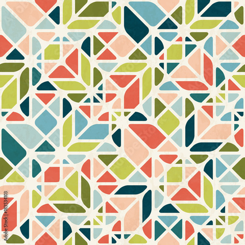 Abstract geometric seamless pattern in mid-century modern colors, vector illustration with texture