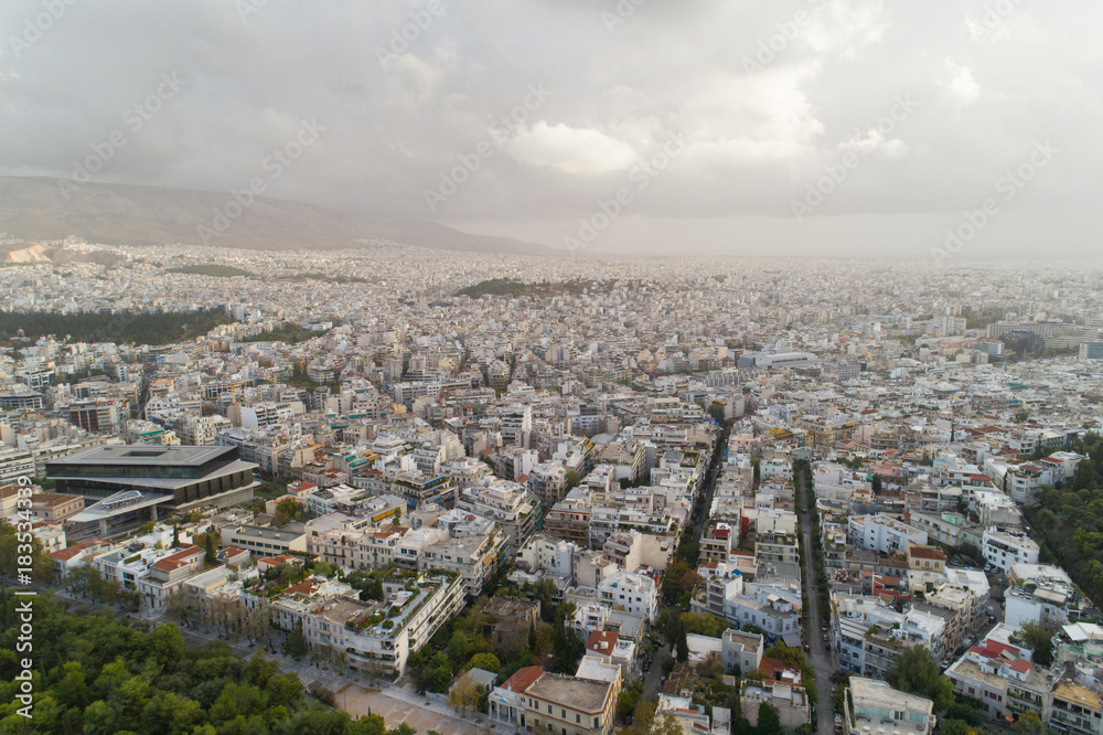 Beautiful aerial cityscape of Athens with modern museum of Acropolis