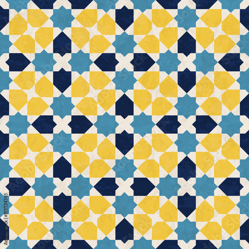 Abstract geometric mosaic pattern with polygons and stars, marbled tiles in Moroccan style, textured seamless vector illustration