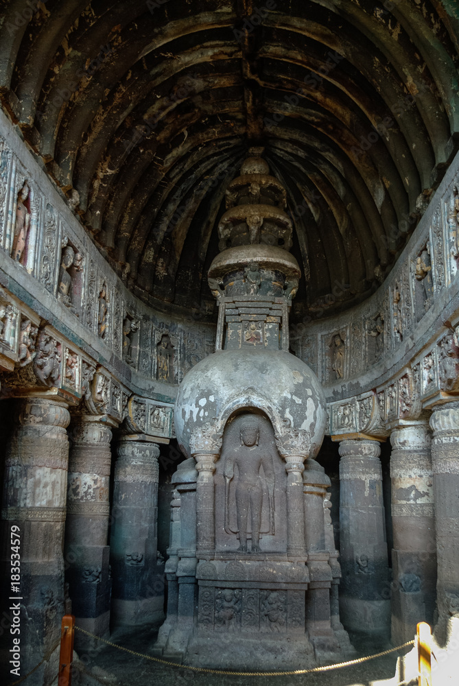 Carvings decorate columns in Buddhist Cave 19, Ajanta, Maharashta, India