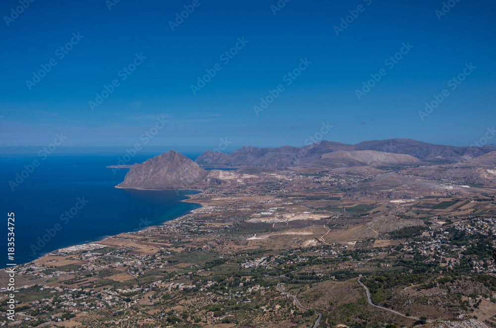 view of Cofano mount and the Tyrrhenian coastline from Erice, Sicily, Italy