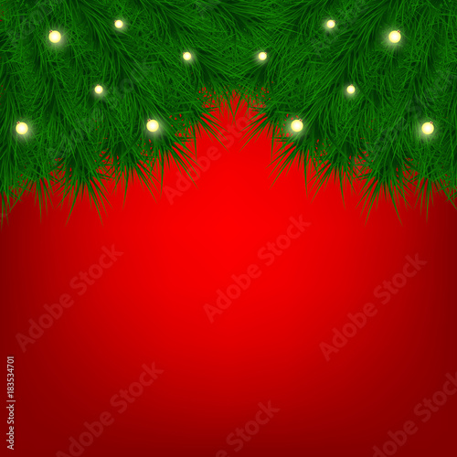 Vector illustration of Merry Christmas and happy new year background with tree branch and christmas light garland. © anna_kolesnikova
