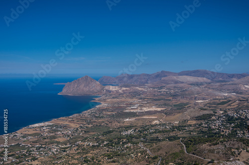 view of Cofano mount and the Tyrrhenian coastline from Erice, Sicily, Italy