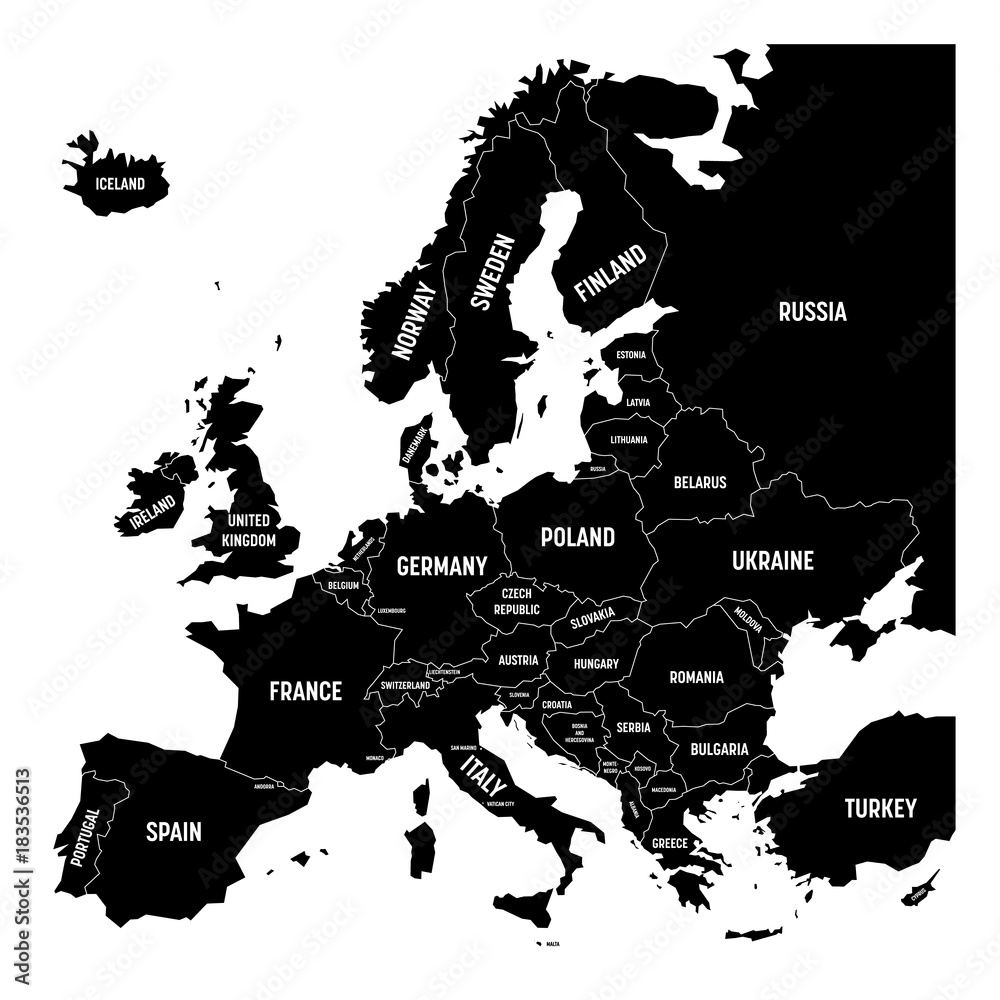 Fototapeta Map of Europe with names of sovereign countries, ministates included. Simplified black vector map on white background.