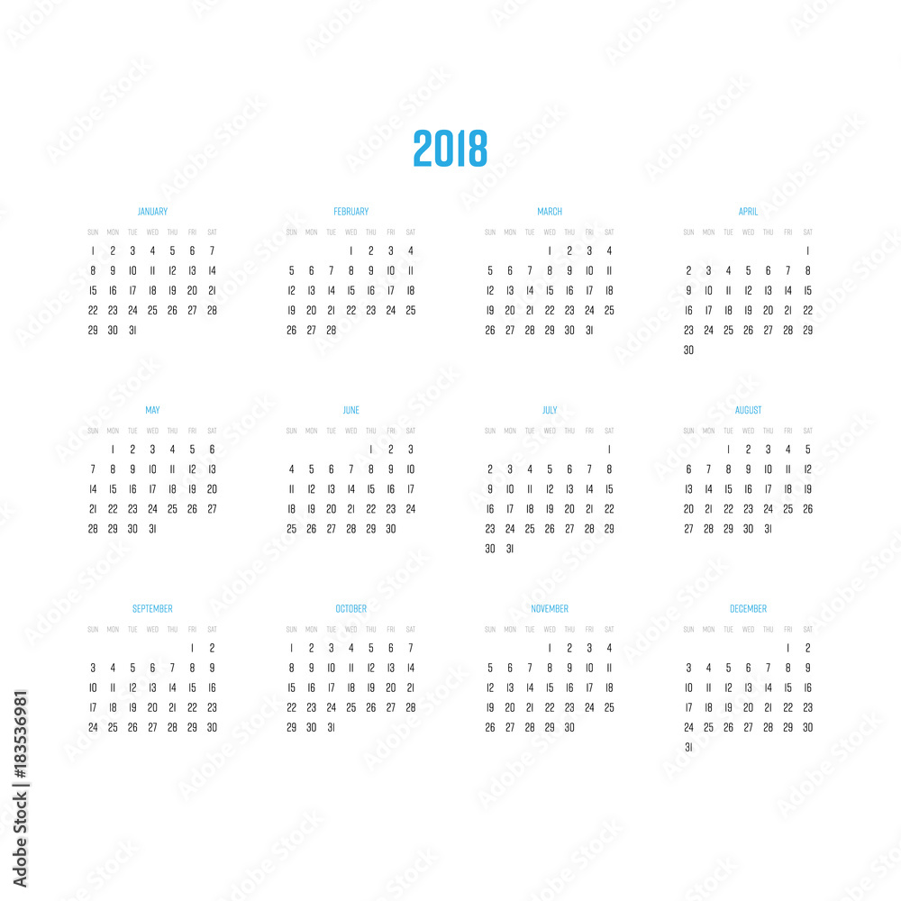 Vector calendar - Year 2018. Week starts from Sunday. Simple flat vector illustration with blue headers. Vector calendar - Year 2018. Week starts from Sunday. Simple flat vector illustration with blue headers.