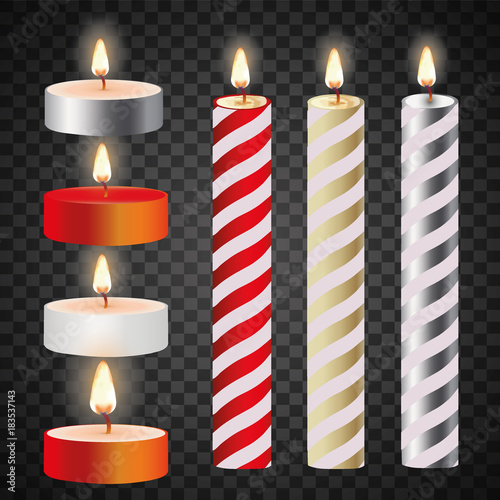 3d set realistic paraffin candles isolated on transparent background. Vector illustration