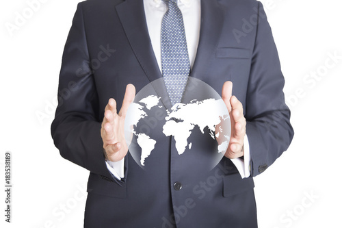 World global business technology concept, businessman holding a glowing global communication, connected 
