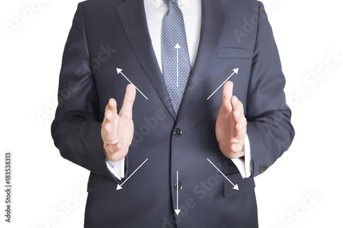 Close up of businessman in blue suit holding something on white background 