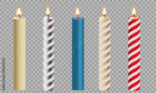 3d set realistic paraffin candles isolated on transparent background. Vector illustration