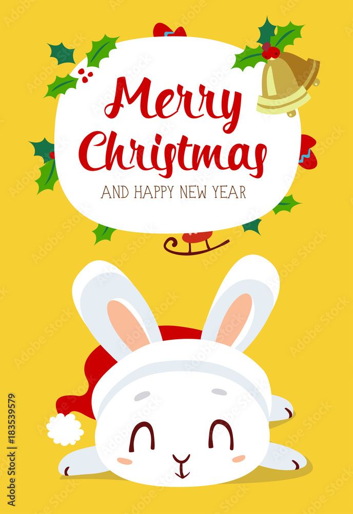vector cartoon style winter christmas hew year white bunny set