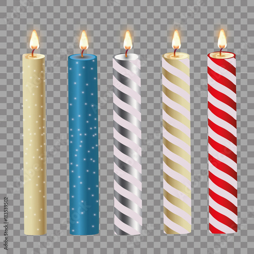 3d set realistic paraffin candles isolated on transparent background. Vector illustration