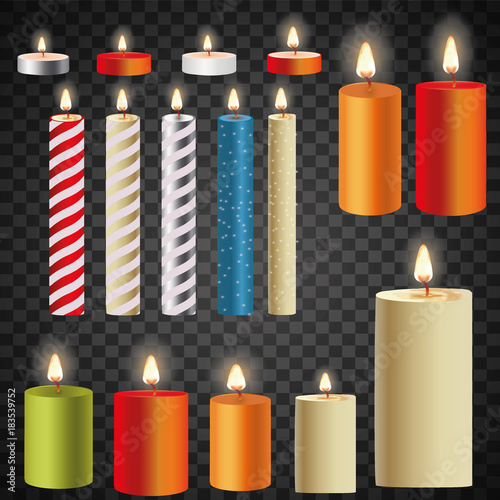 3d set realistic paraffin candles isolated on transparent background. Vector illustration