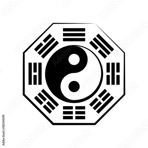 Yin-Yang and Bā-guà (8 trigrams). The Chinese Cosmic Symbol of duality and unity of opposites, surrounded by hieroglyphs of the eight essential elements of Nature. The Universal Principle of Harmony.