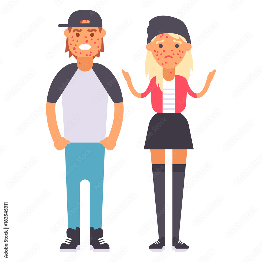 People teens couple cartoon relationship characters with skin problem lifestyle vector illustration. People teens couple cartoon relationship characters with skin problem lifestyle vector illustration.