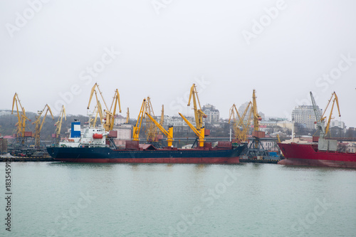 Vessel dry cargo on loading, unloading in port. Bulker in port. port terminal © Alexey Lesik