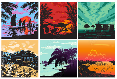 Sunset silhouette set vector sunrise Hawaii palms wave and sun tropical card logo badge summer vacation concept illustration