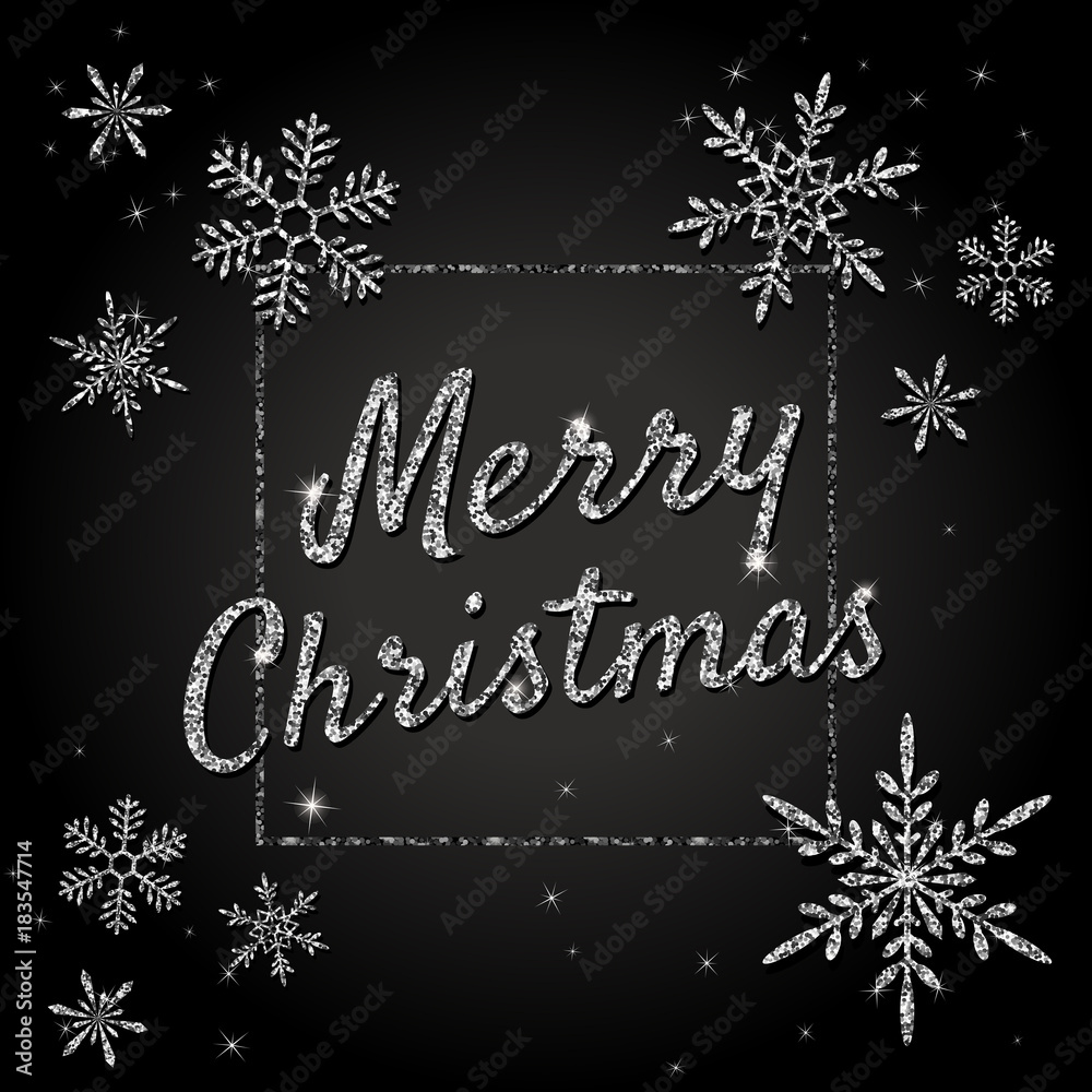 Merry Christmas vector banner with silver glittering snowflakes, lights, sparkles. Xmas greeting card with calligraphic text, shiny letters in square frame on black background. Modern design template Merry Christmas vector banner with silver glittering snowflakes, lights, sparkles. Xmas greeting card with calligraphic text, shiny letters in square frame on black background. Modern design template