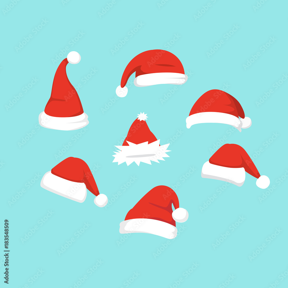 Vector illustration of set of Santa Hats in cartoon design. Vector illustration of set of Santa Hats in cartoon design.