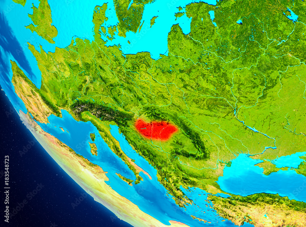 Hungary on globe from space