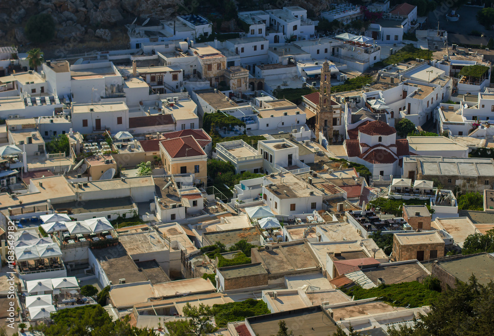 Lindos bird eye view over white roofs, Greece, Rhodes, Lindos