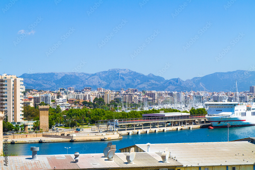 Panoramic skyline view suburban Palma Mallorca in blue sky. 