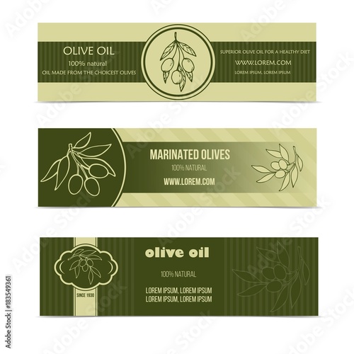 Olive oil horizontal banner set with tree branch and fruits isolated vector illustration
