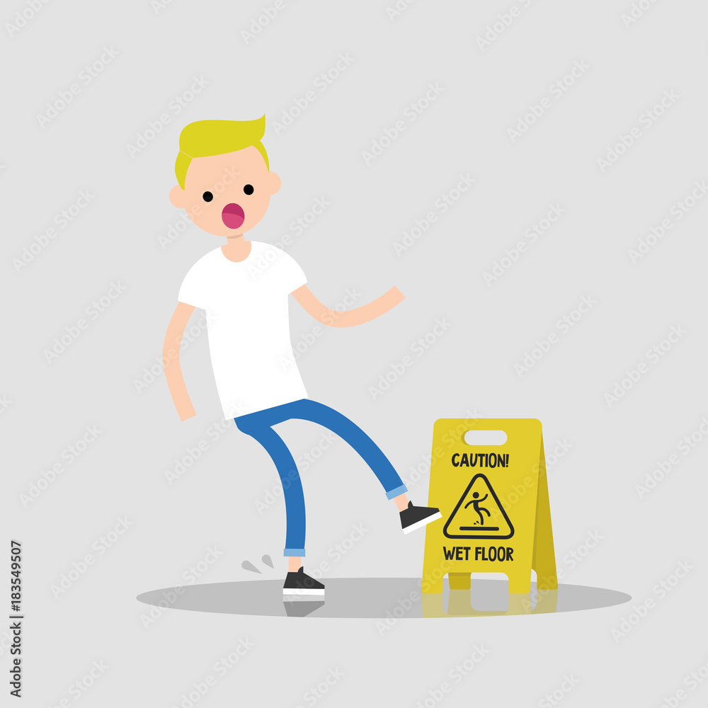 Caution, wet floor. Young character slipped on a wet surface. Falling down. Flat editable vector illustration, clip art