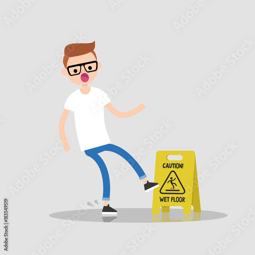 Caution, wet floor. Young character slipped on a wet surface. Falling down. Flat editable vector illustration, clip art