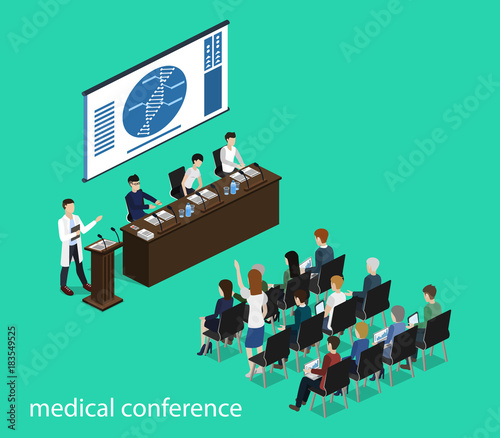 Isometric 3D vector illustration concept report at a medical conference with students