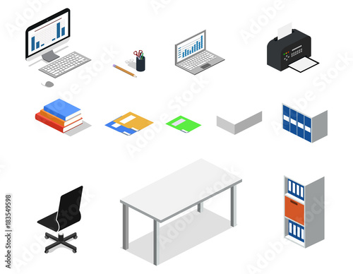 Isometric 3D vector illustration concept set of objects for creation of a business center or office