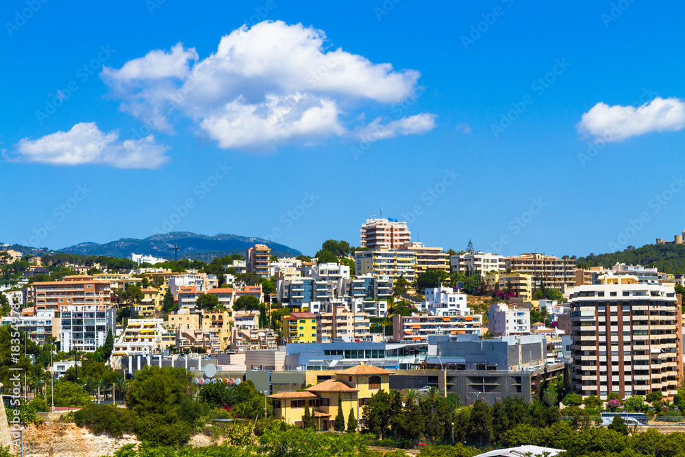Panoramic view suburban Palma Mallorca in summer sunny day morning.