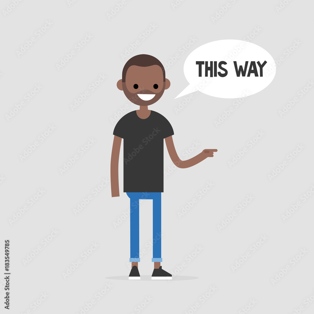 This way. Young character pointing at the right direction. Navigation. Speech bubble. Flat editable vector illustration, clip art This way. Young character pointing at the right direction. Navigation. Speech bubble. Flat editable vector illustration, clip art