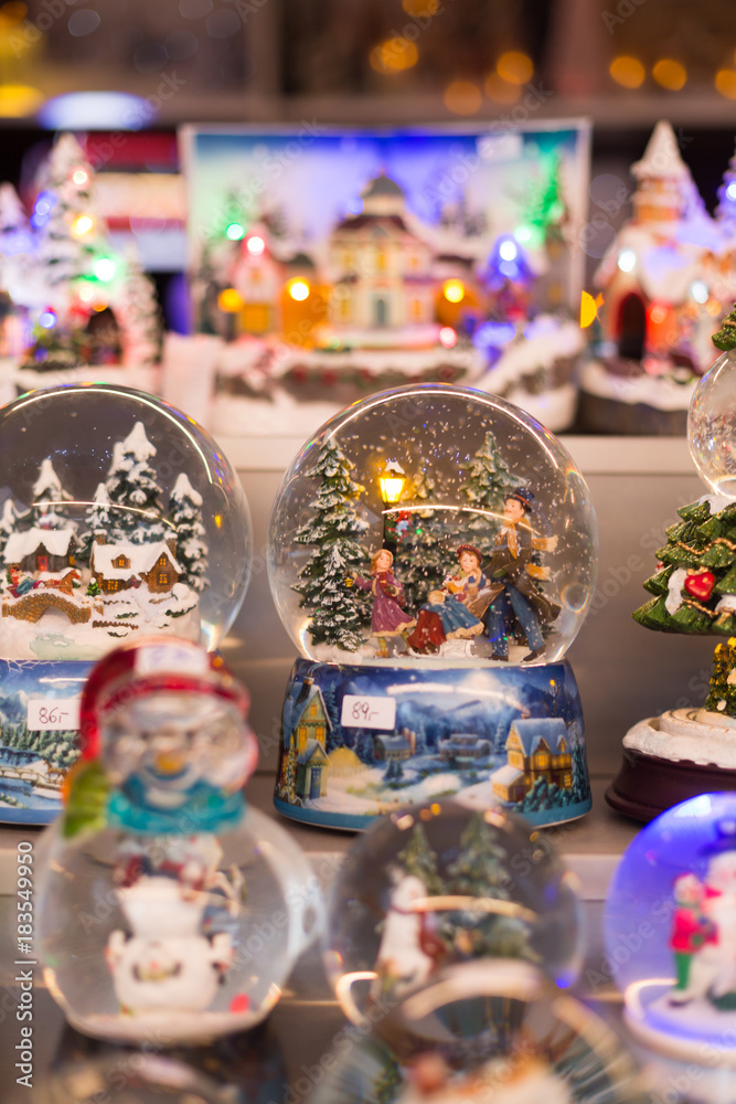 Christmas snow globes at a Christmas market