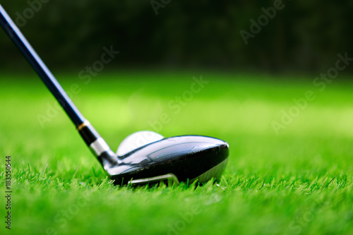 Shot of golf club with golf ball on green grass