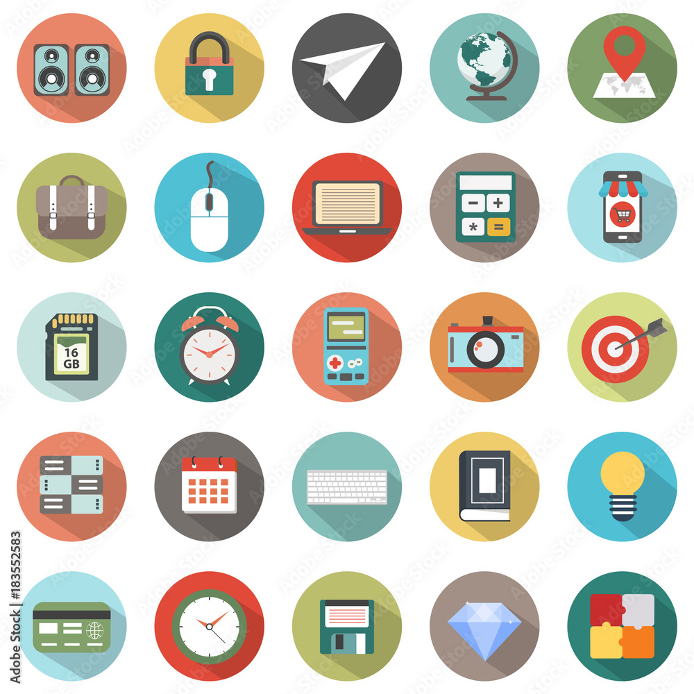 Modern flat icons vector collection with long shadow effect in stylish colors of web design objects. Icons for  business, office and marketing items.