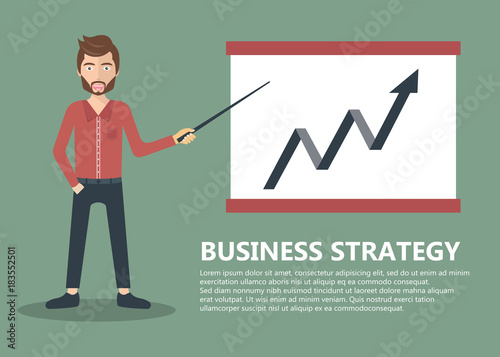 Businessman presenting development and financial planning on meeting conference. Flat vector illustration