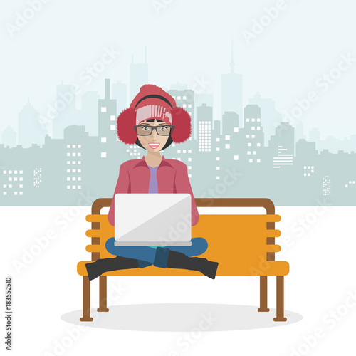 Woman sitting in a park, holding lap top on her lap. Social network concept. Flat vector illustration