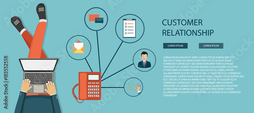 Business customer care service concept. Icons set of contact us, support, help, phone call and website click. Man sitting on the floor and holding lap top with telephone by his side. Flat vector