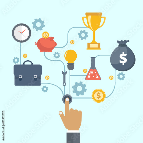Business and entrepreneurship business start or launch with gears and cogs with various icons for industry. Flat vector illustration