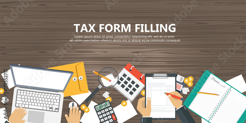 Tax payment. Government, state taxes. Data analysis, paperwork, financial research, report. Businessman calculation tax return. Flat design. Tax form vector. Payment of debt.