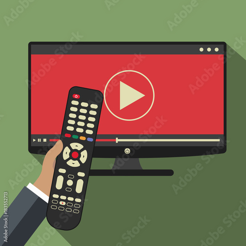 Hand holding remote control. TV icon concept. Play icon on television. Smart TV concept. Flat vector illustration