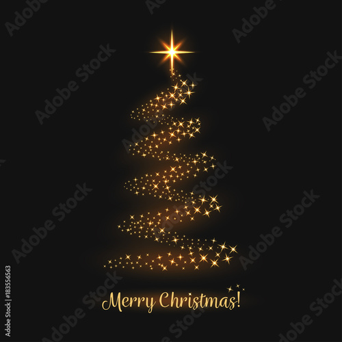 Merry Christmas greeting card. Christmas tree with golden magical sparkles, star and light trail